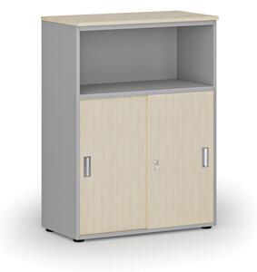 Kombinovaná kancelárska skriňa so zásuvnými dverami PRIMO GRAY, 1087 x 800 x 420 mm, sivá/breza