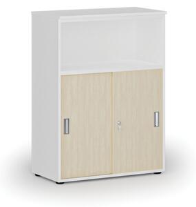 Kombinovaná kancelárska skriňa so zásuvnými dverami PRIMO WHITE, 1087 x 800 x 420 mm, biela/breza