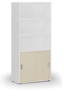 Kombinovaná kancelárska skriňa PRIMO WHITE, zasúvacie dvere na 2 poschodia, 1781 x 800 x 420 mm, biela/breza
