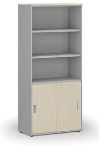 Kombinovaná kancelárska skriňa PRIMO GRAY, zasúvacie dvere na 2 poschodia, 1781 x 800 x 420 mm, sivá/breza