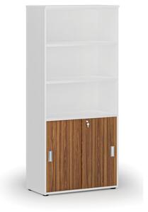 Kombinovaná kancelárska skriňa PRIMO WHITE, zasúvacie dvere na 2 poschodia, 1781 x 800 x 420 mm, biela/orech