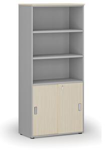Kombinovaná kancelárska skriňa PRIMO GRAY, zasúvacie dvere na 2 poschodia, 1781 x 800 x 420 mm, sivá/breza