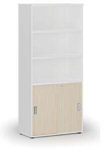 Kombinovaná kancelárska skriňa PRIMO WHITE, zasúvacie dvere na 2 poschodia, 1781 x 800 x 420 mm, biela/čerešňa