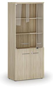 Kombinovaná kancelárska skriňa PRIMO WOOD s drevenými a sklenenými dverami, 1781 x 800 x 420 mm, dub prírodný