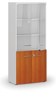 Kombinovaná kancelárska skriňa PRIMO WHITE s drevenými a sklenenými dverami, 1781 x 800 x 420 mm, biela/čerešňa