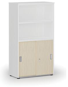 Kombinovaná kancelárska skriňa PRIMO WHITE, zasúvacie dvere na 2 poschodia, 1434 x 800 x 420 mm, biela/buk