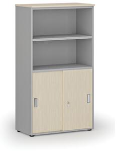 Kombinovaná kancelárska skriňa PRIMO GRAY, zasúvacie dvere na 2 poschodia, 1434 x 800 x 420 mm, sivá/orech