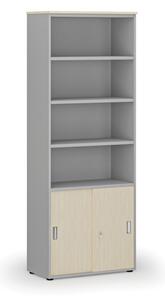 Kombinovaná kancelárska skriňa PRIMO GRAY, zasúvacie dvere na 2 poschodia, 2128 x 800 x 420 mm, sivá/breza