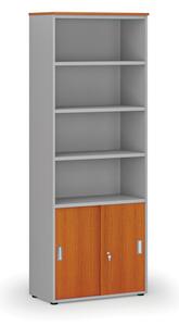 Kombinovaná kancelárska skriňa PRIMO GRAY, zasúvacie dvere na 2 poschodia, 2128 x 800 x 420 mm, sivá/čerešňa