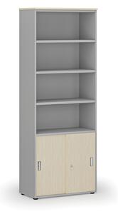 Kombinovaná kancelárska skriňa PRIMO GRAY, zasúvacie dvere na 2 poschodia, 2128 x 800 x 420 mm, sivá/čerešňa