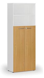 Kombinovaná kancelárska skriňa PRIMO WHITE, dvere na 4 poschodia, 2128 x 800 x 420 mm, biela/buk
