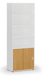 Kombinovaná kancelárska skriňa PRIMO WHITE, zasúvacie dvere na 2 poschodia, 2128 x 800 x 420 mm, biela/buk