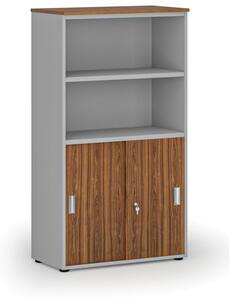 Kombinovaná kancelárska skriňa PRIMO GRAY, zasúvacie dvere na 2 poschodia, 1434 x 800 x 420 mm, sivá/orech