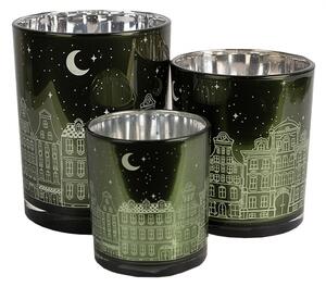 Set 3ks zelený sklenený svietnik s domčekmi - Ø 7*8 / Ø 9*10 / Ø 10*12 cm - Clayre & Eef