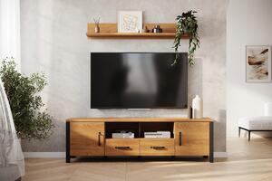 TV stolík Olin 192 cm s otvorenou policou - karamelový dub / čierny supermat