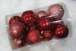 Červené a ružové plastové vianočné gule 8 cm 12ks