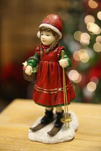 Červená vianočná figúrka dievčatko s lyžami 20 cm