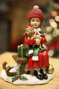 Červená vianočná figúrka dievčatko na sánkach 17cm