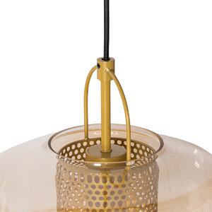 Závesná lampa zlatá s jantárovým sklom 30 cm podlhovastá 3-svetlá - Kevin