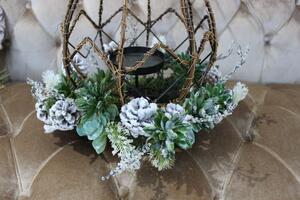 Zmrznutá dekorácia - lucerna šišky a sukulenty
