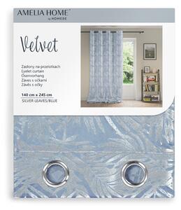 FLHF Dekoračný záves Velvet, strieborne šedá, listy, svetlo modrá, 140x245