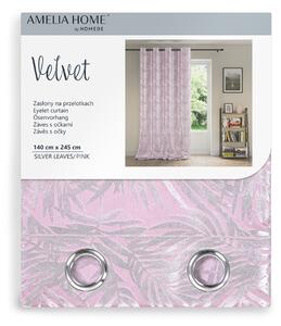 FLHF Dekoračný záves Velvet, strieborne šedá, listy, púdrovo ružová, 140x245
