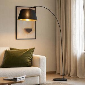 Stojacia lampa Lindby Esti, čierna/zlatá, látka, výška 192 cm, Čierna, Obývacia izba / jedáleň, Textil / látka / hodváb, Moderný, Oblúková stojaca lampa