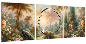 Obraz - Pávy v záhrade (s hodinami) (90x30 cm)