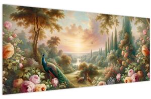 Obraz - Pávy v záhrade (120x50 cm)
