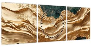 Obraz - Zelená abstrakcia so zlatom II. (s hodinami) (90x30 cm)