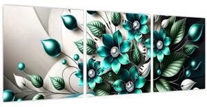 Obraz - 3D tyrkysové kvety (s hodinami) (90x30 cm)