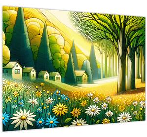 Obraz - Dedina v žlto-zelenej (70x50 cm)