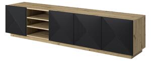 TV stolík Asha 200 cm s ryhovaným čelom - artisan / čierny mat