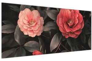 Obraz - Červené kvety na tmavom pozadí (120x50 cm)