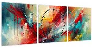 Obraz – Abstrakcia s červenou (s hodinami) (90x30 cm)