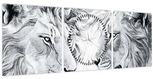 Obraz - Kreslené levie hlavy (s hodinami) (90x30 cm)