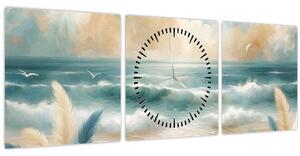 Obraz – Maľovaná pláž v jemných farbách (s hodinami) (90x30 cm)
