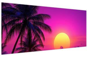 Obraz - Fialový západ s palmou (120x50 cm)