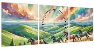 Obraz – Kone cválajúce krajinou (s hodinami) (90x30 cm)
