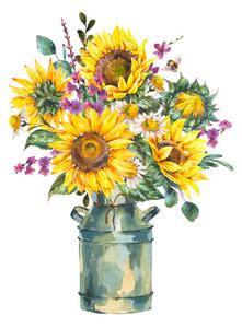 Fotografia Watercolor rustic farmhouse sunflower bouquet, vintage, Varvara Kurakina