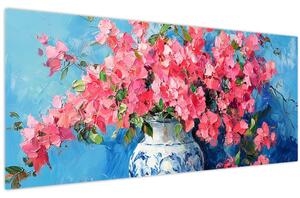 Obraz - Váza ružových kvetov (120x50 cm)
