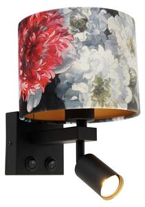 Nástenná lampa čierna s lampou na čítanie a tienidlom 18 cm kvety - Brescia