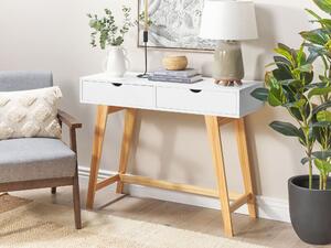 Konzolový stolík biela stolová doska MDF svetlé drevené nohy 101 x 36 x 78 cm 2 zásuvky predsieň obývačka škandinávsky štýl