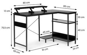 ModernHome Rohový stolík na počítač s 3 čiernymi policami