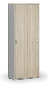 Kancelárska skriňa so zasúvacími dverami, 2128 x 800 x 420 mm, sivá/dub prírodný