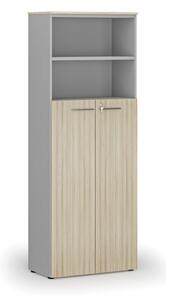 Kombinovaná kancelárska skriňa PRIMO GRAY, dvere na 4 poschodia, 2128 x 800 x 420 mm, sivá/dub prírodný