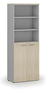 Kombinovaná kancelárska skriňa PRIMO GRAY, dvere na 3 poschodia, 2128 x 800 x 420 mm, sivá/dub prírodný