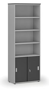 Kombinovaná kancelárska skriňa PRIMO GRAY, zasúvacie dvere na 2 poschodia, 2128 x 800 x 420 mm, sivá/grafit