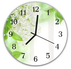 Nástenné hodiny okrúhle pr.30cm biely kvet orgovánu a zelené lístie - kalené sklo