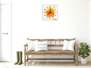 Nástenné hodiny 30x30cm kvet oranžovej chryzantémy a okvetné lístky - kalené sklo